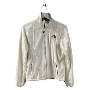 The North Face‎ Osito Fleece Full Zip Jacket Off White Hot Pink Logo L Petite